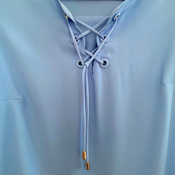 Talbots Blue Blouse w/Criss Cross detailing on Front, Scalloped Hem. Size M - Picture 2 of 9